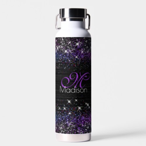 Purple black brushed metal glitter monogram water bottle