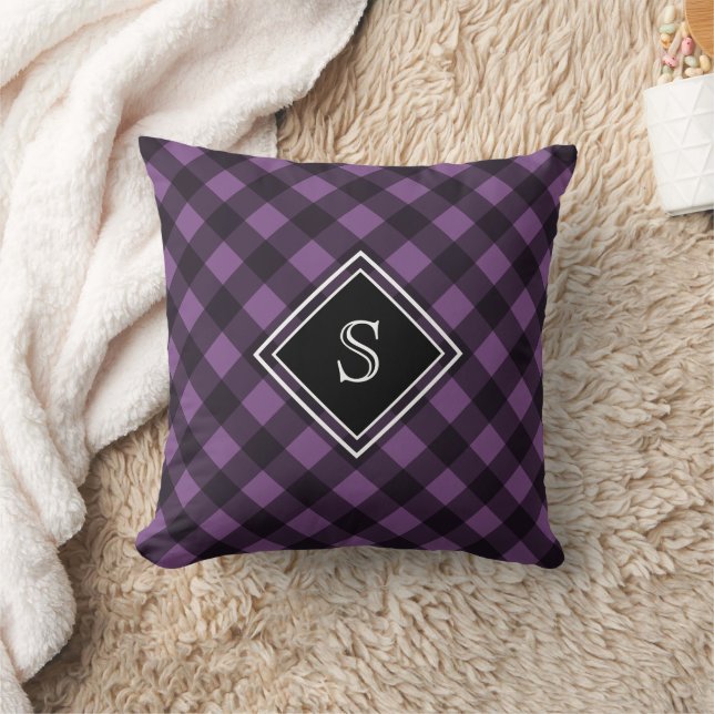 Purple Black Buffalo Check Framed Monogram Throw Pillow (Blanket)