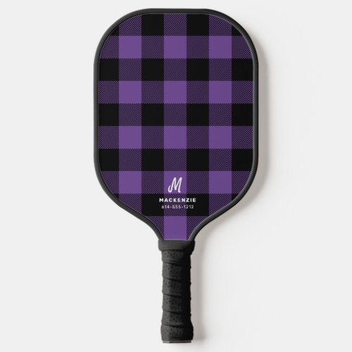 Purple Black Buffalo Plaid Monogrammed Pickleball Paddle