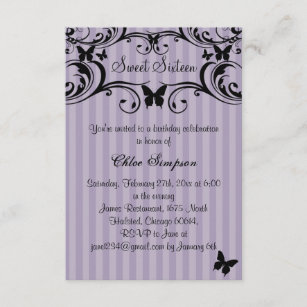 Purple & Black Butterfly Sweet16 Invitation