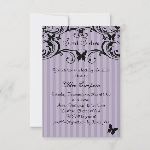 Purple &amp; Black Butterfly Sweet16 Invitation
