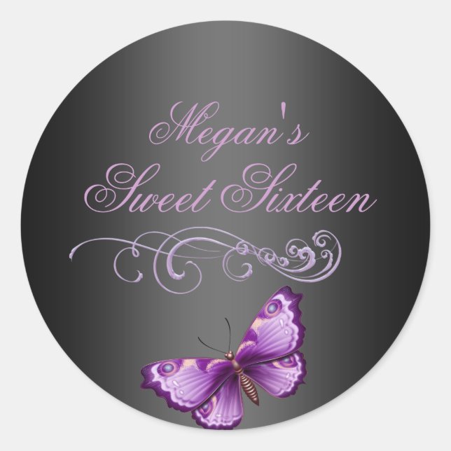 Purple/Black Butterfly Sweet 16 Envelope Sticker (Front)