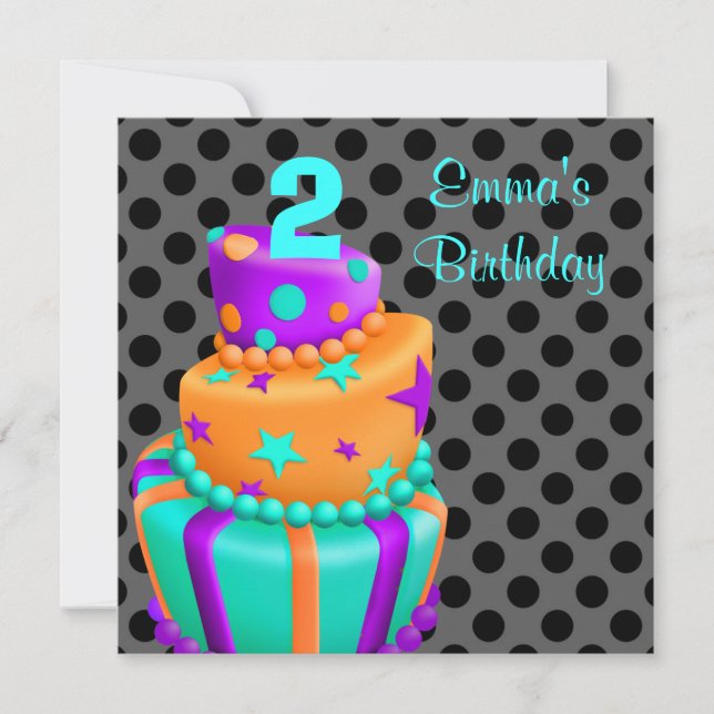 Purple Black Cake Presents Girls 2nd Birthday Invitation (Front)