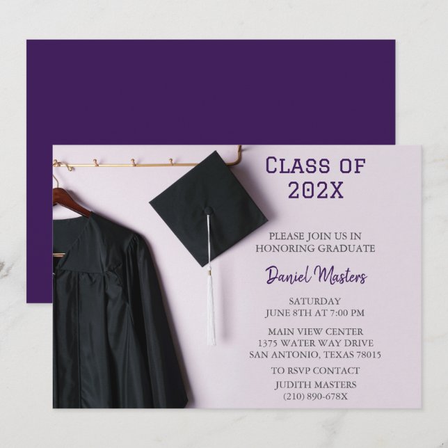 Purple /Black Cap & Gown Graduation Invitation  (Front/Back)