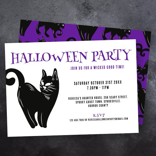 Purple Black Cat Halloween Party Invitation