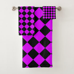 Purple Black Checker Diamond Pattern Bath Towel Set
