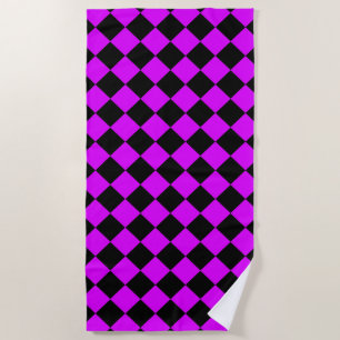 Purple Black Checker Diamond Pattern Beach Towel