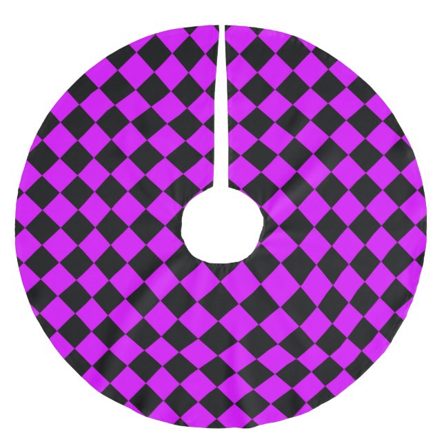 Purple Black Checker Diamond Pattern Brushed Polyester Tree Skirt (Front)