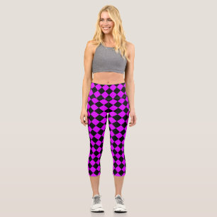 Purple Black Checker Diamond Pattern Capri Leggings