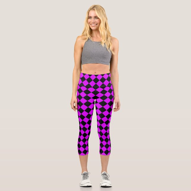 Purple Black Checker Diamond Pattern Capri Leggings (Front)