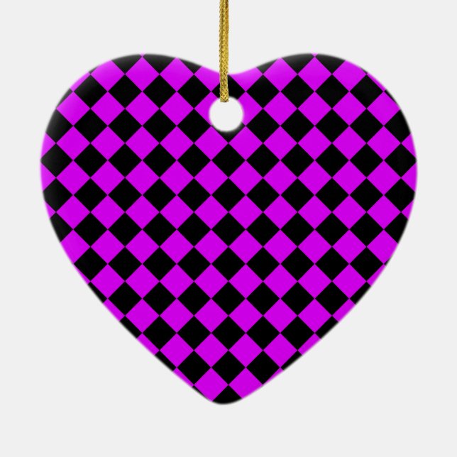 Purple Black Checker Diamond Pattern Ceramic Ornament (Back)