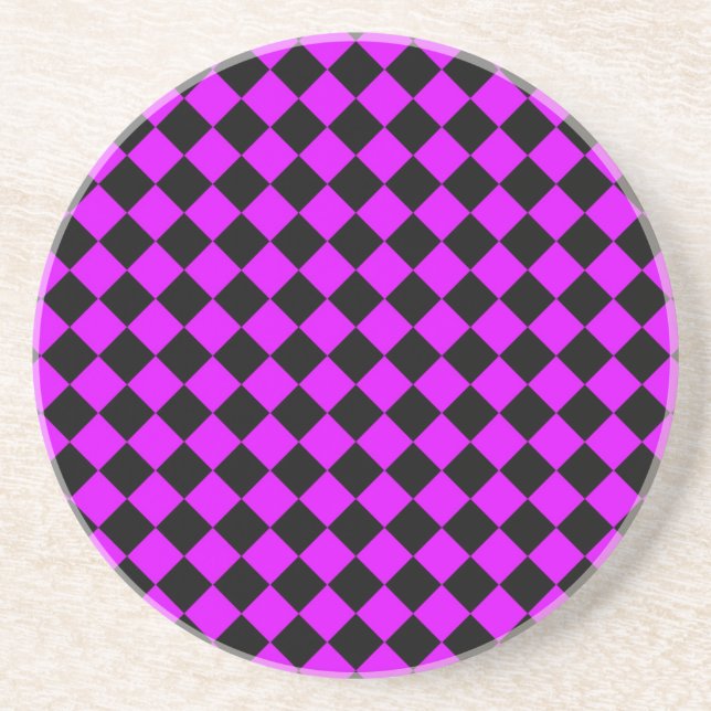 Purple Black Checker Diamond Pattern Coaster (Front)