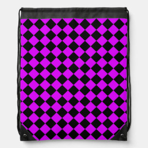 Purple Black Checker Diamond Pattern Drawstring Bag