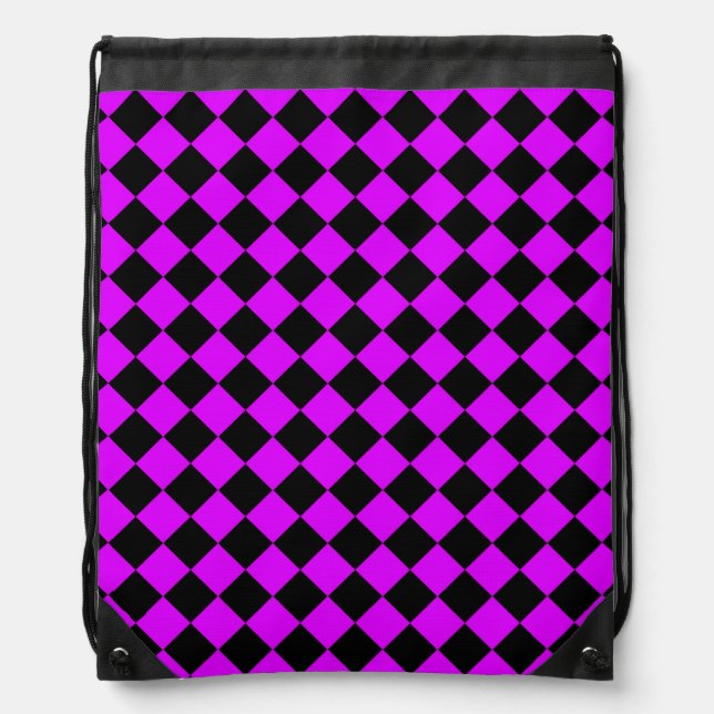 Purple Black Checker Diamond Pattern Drawstring Bag (Front)