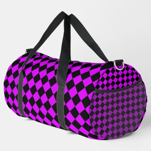 Purple Black Checker Diamond Pattern Large Duffle Bag (Right Corner)