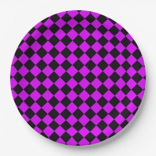 Purple Black Checker Diamond Pattern Paper Plates
