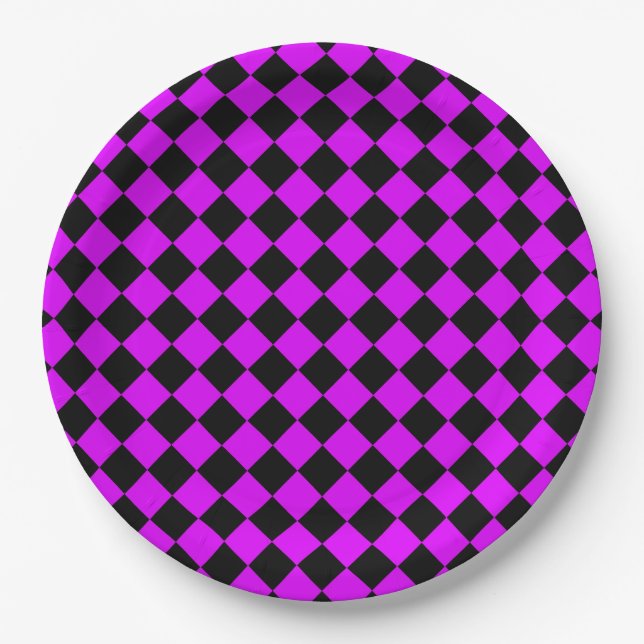 Purple Black Checker Diamond Pattern Paper Plates (Front)