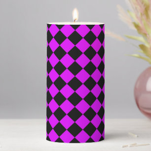 Purple Black Checker Diamond Pattern Pillar Candle