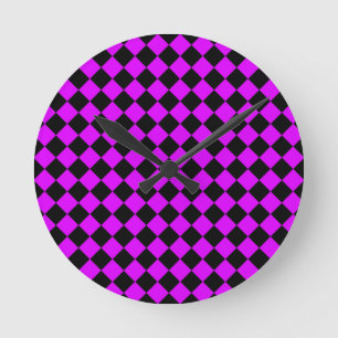 Purple Black Checker Diamond Pattern Round Clock