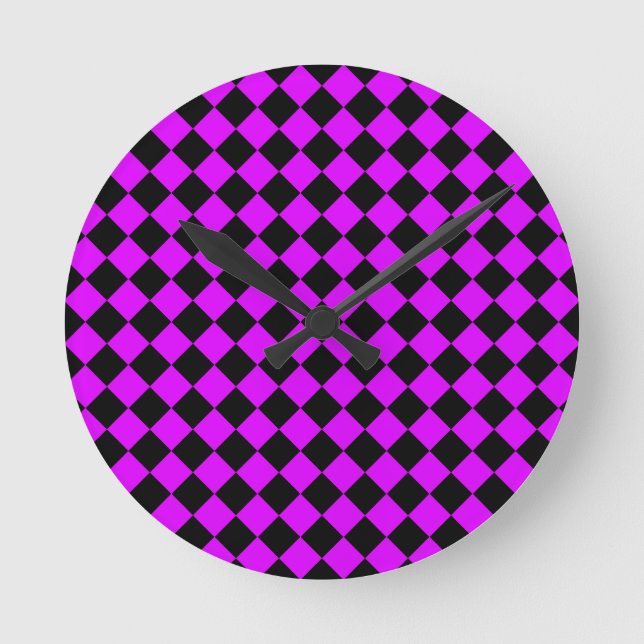 Purple Black Checker Diamond Pattern Round Clock (Front)