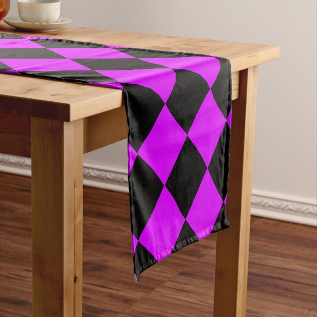 Purple Black Checker Diamond Pattern Short Table Runner (In Situ)