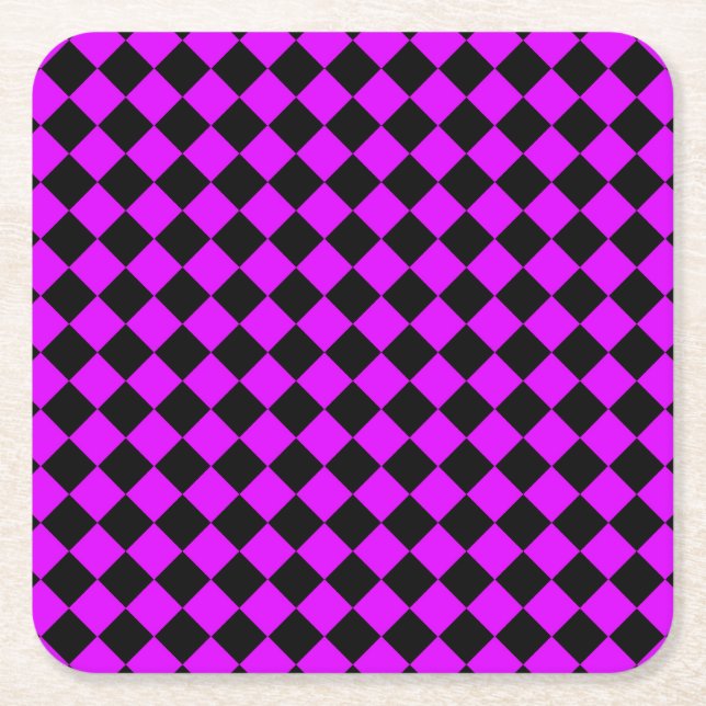 Purple Black Checker Diamond Pattern Square Paper Coaster (Front)