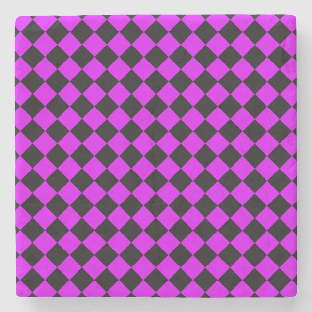Purple Black Checker Diamond Pattern Stone Coaster (Front)