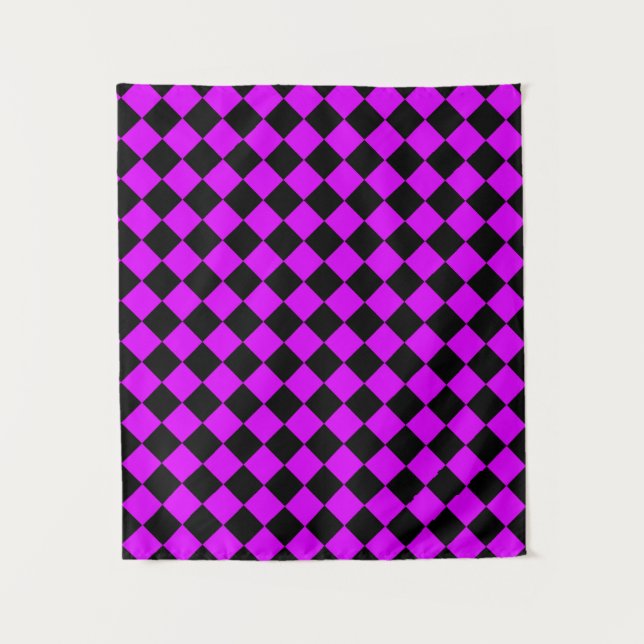 Purple Black Checker Diamond Pattern Tapestry (Front)