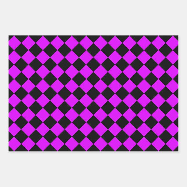 Purple Black Checker Diamond Pattern Wrapping Paper Sheets (Front)