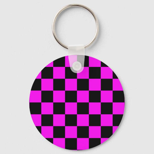 Purple Black Checkered Check Pattern Keychain (Front)