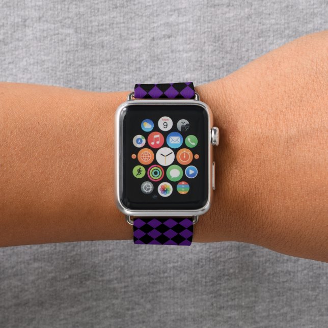 Purple Black Checkered Gold Monogrammed Halloween Apple Watch Band (In Situ)