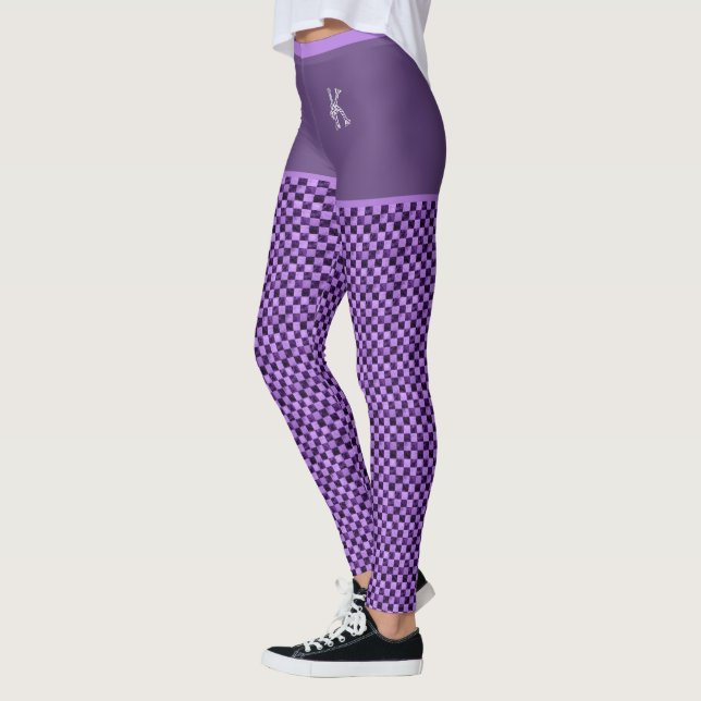 Purple Black Checkered Pattern Monogram Customized Leggings (Left)