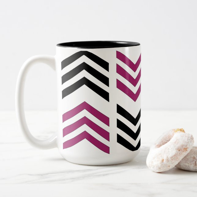 Purple Black Chevron Geometric Pattern Two-Tone Coffee Mug (With Donut)
