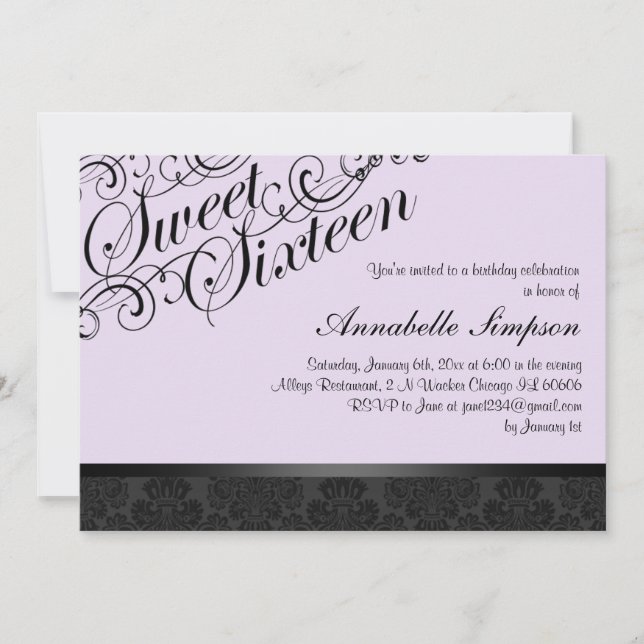 Purple & Black Chic Damask Sweet16 Invite (Front)