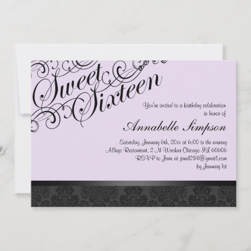 Purple &amp; Black Chic Damask Sweet16 Invite