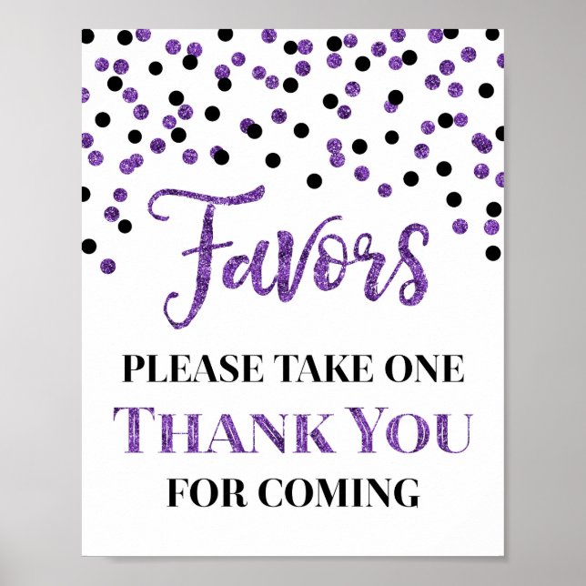 Purple Black Confetti Favors Baby Shower Sign (Front)