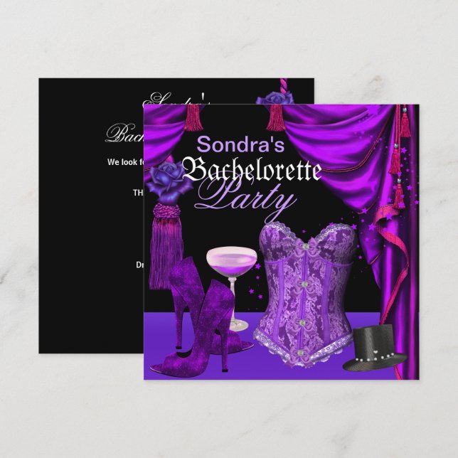 Purple Black Corset Bachelorette Party Shoes Invitation (Front/Back)