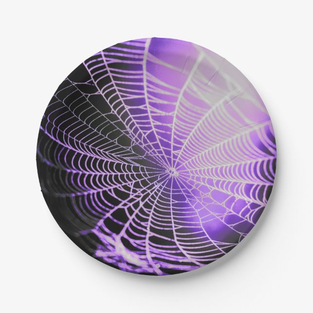 Purple Black Creepy Spooky Spider Web Paper Plates (Front)