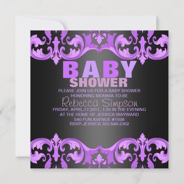 Purple & Black Damask Baby Shower Invitation (Front)