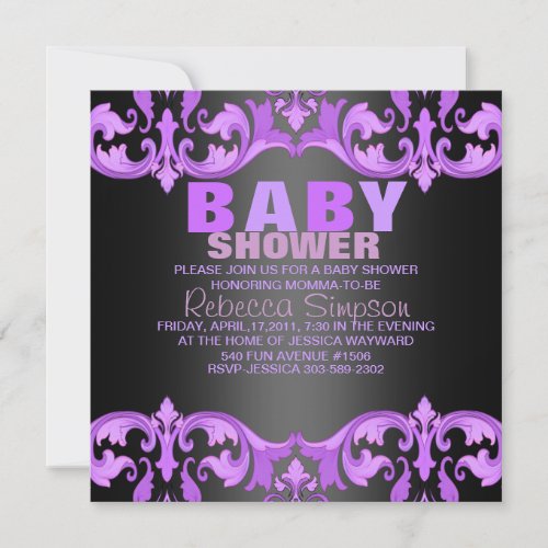 Purple  Black Damask Baby Shower Invitation