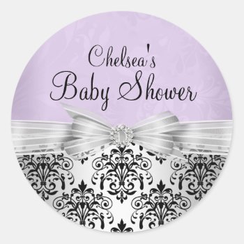 Purple & Black Damask Baby Shower Sticker by ExclusiveZazzle at Zazzle