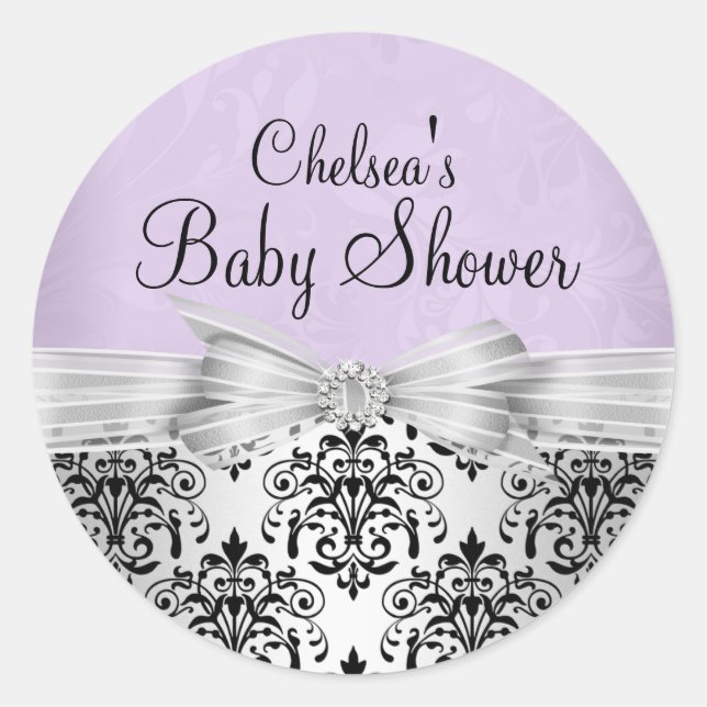 Purple & Black Damask Baby Shower Sticker (Front)