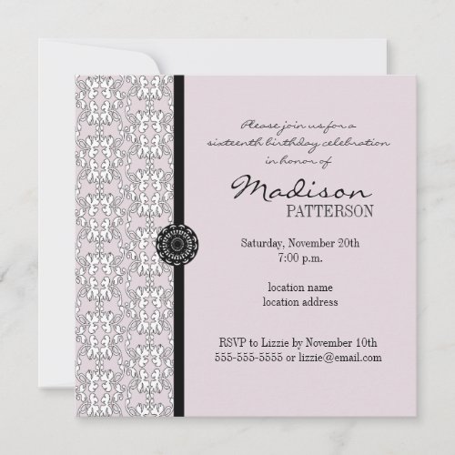 Purple &amp; Black Damask Baroque Sweet 16 Party Announcement