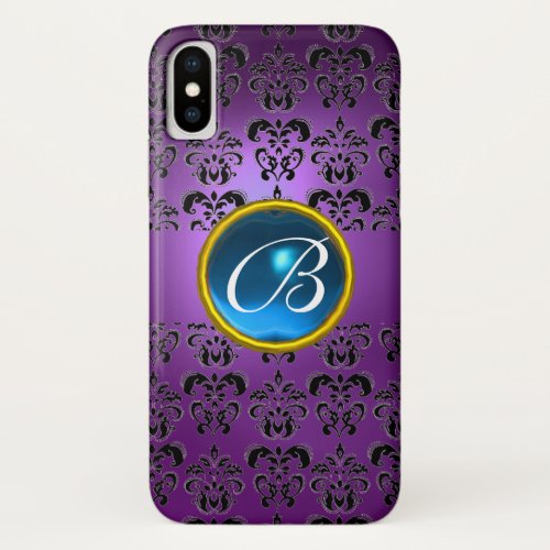 PURPLE BLACK DAMASK BLUE GEM MONOGRAM iPhone X CASE