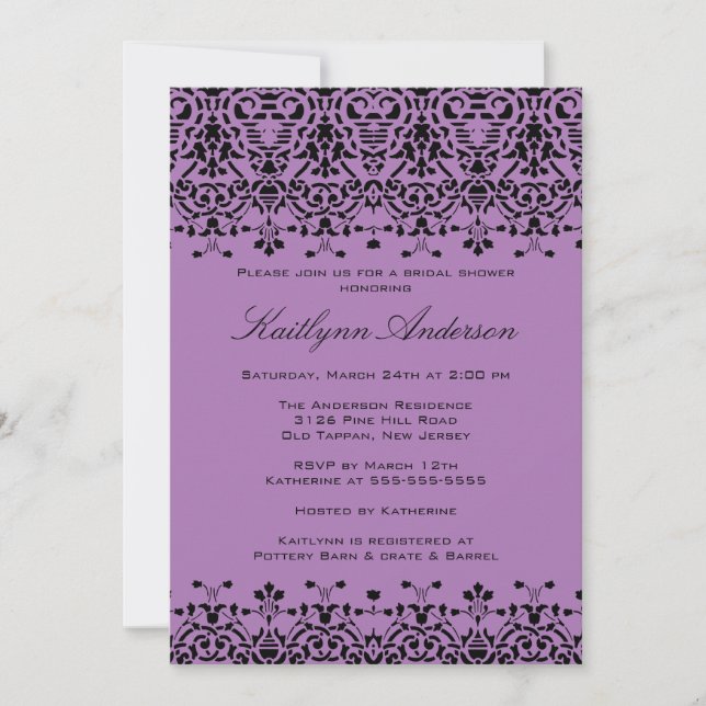 Purple & Black Damask Bridal Shower Invitation (Front)
