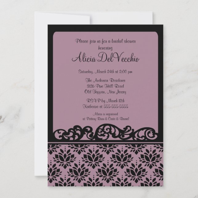 Purple & Black Damask Bridal Shower Invitation (Front)