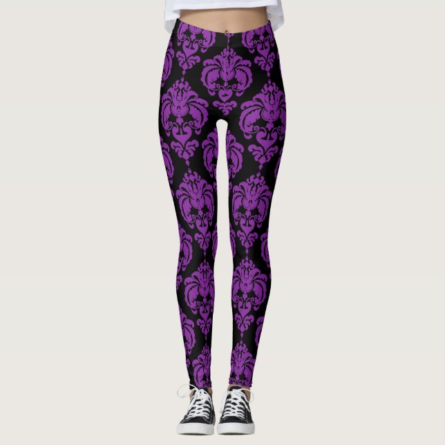 Purple Black Damask Chic Modern Elegant Pattern Leggings (Front)