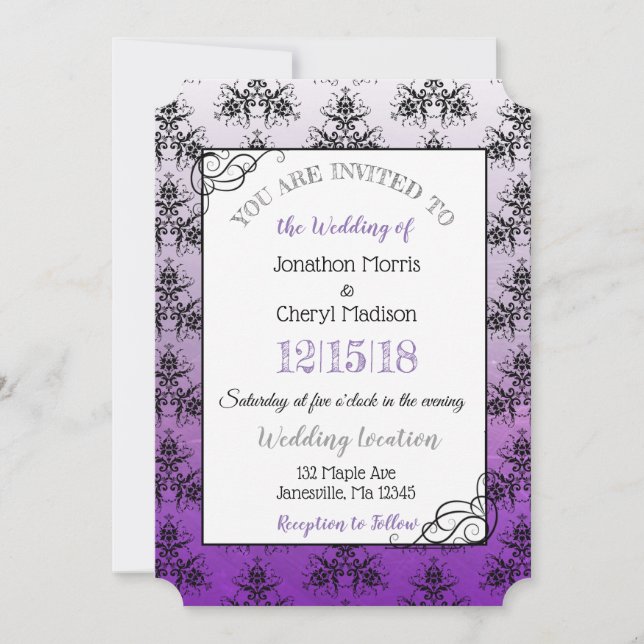 Purple Black Damask Classy Wedding invitations (Front)
