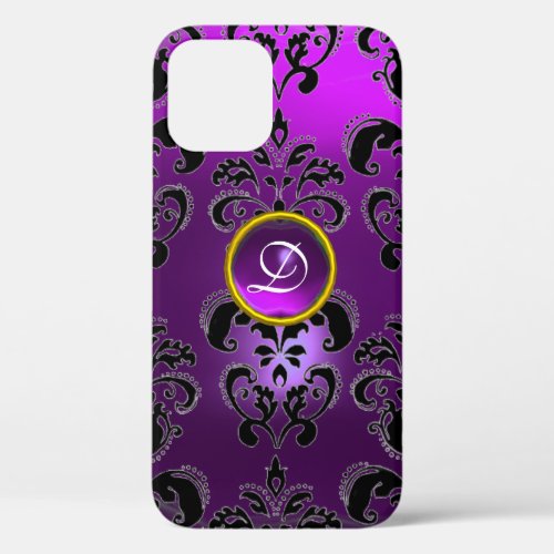 PURPLE BLACK DAMASK GEMSTONE FLORAL MONOGRAM iPhone 12 CASE