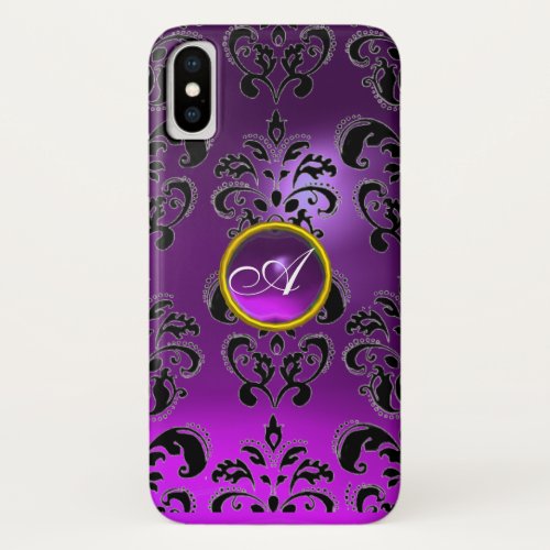 PURPLE BLACK DAMASK GEMSTONE MONOGRAM Floral iPhone X Case